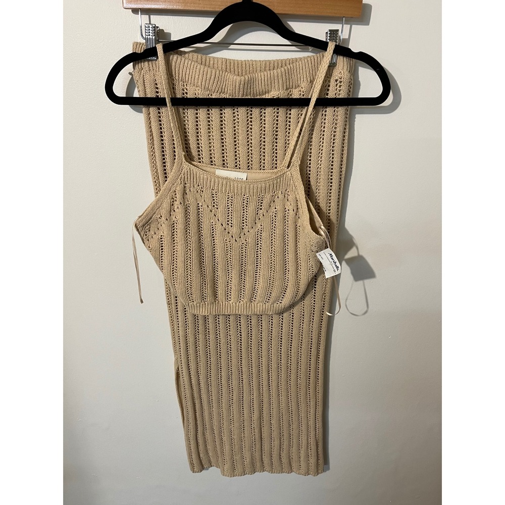 Freshman 1996 Beige Crochet Knit 2 Piece Set Cami Top Midi Skirt Tan M NWT